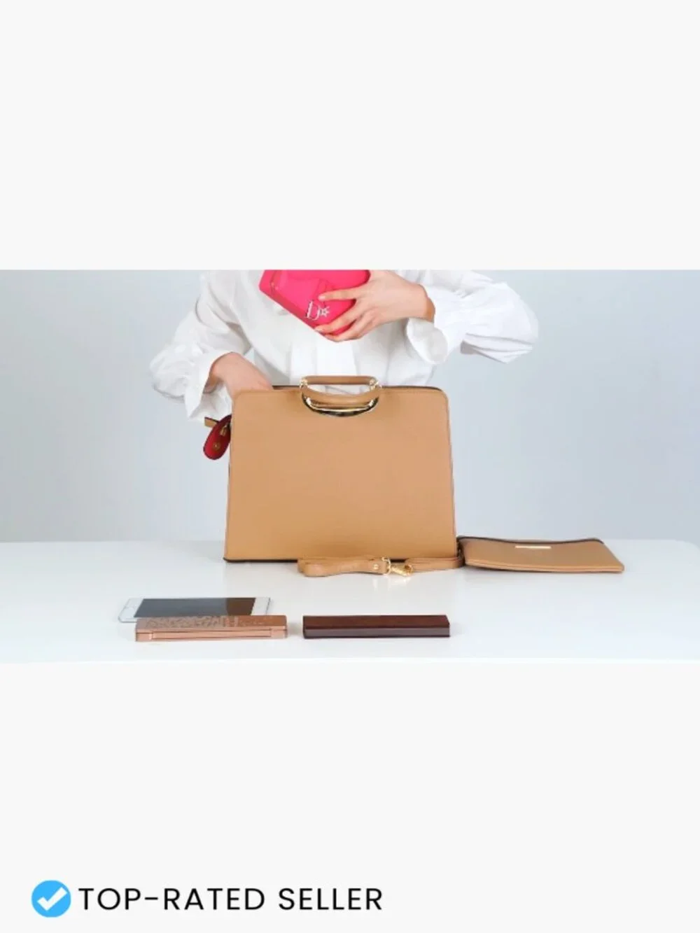 Satchel Purse with Matching Wallet Vegan Leather Work Bag Gold Hardware